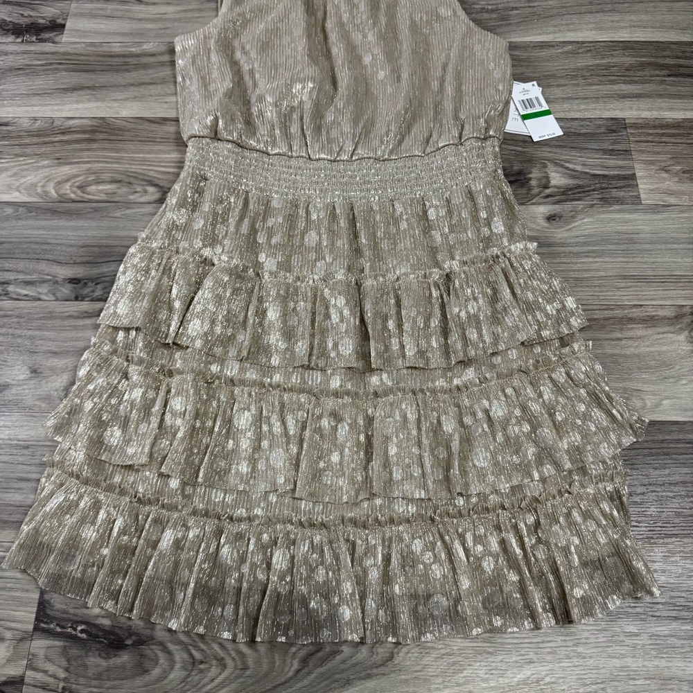 NWT 1.State Sparkle Smocked Tiered Sleeveless Mini Dress Gold Size Large - Picture 3 of 8